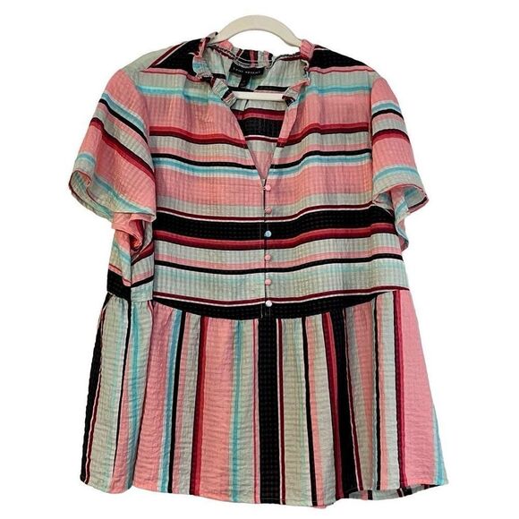 Lane Bryant Women’s Multi-color Short Sleeve Split Neck Stripped Blouse 24 - Picture 1 of 9